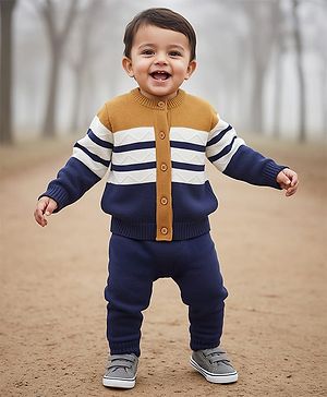 Babyhug Knit Full Sleeves Striped Front Open Sweater Set - Navy Blue