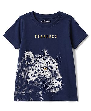 Pine Kids Cotton Knit Half Sleeves T-Shirt With Leopard Print - Navy Blue
