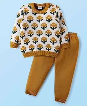 Babyhug Knitted Full Sleeves Pullover Sweater Set With Floral Design - Mustard
