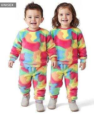Babyhug Knit Full Sleeves Tie & Dye Winter Wear Fur Sweatshirt & Lounge Pant Set - Multicolor