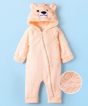 Babyhug Fur Knit Full Sleeves Hooded Romper with Bear Face Embroidery and Ear Applique - Peach