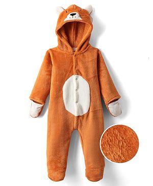Babyhug Fur Knit Full Sleeves Winter Wear Hooded Romper With Animal Embroidery - Orange