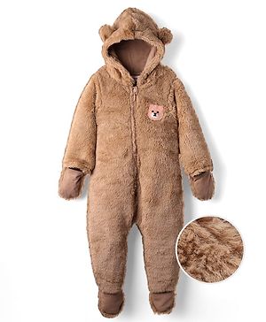 Babyhug Fur Knit Full Sleeves Front Open Winter Wear Footed Romper with Hoodie Bear Patch & Attached Mittens - Brown