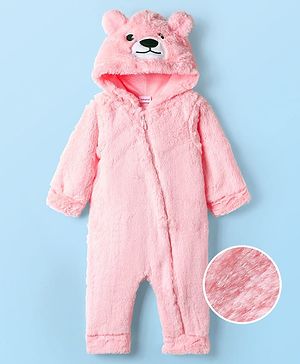 Babyhug Fur Knit Full Sleeeves Hooded Winter Romper With Animal Ear Applique - PInk