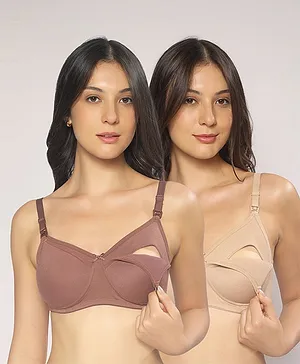 MomToBe Cotton Knit Pack Of 2 Solid
                              Maternity Bras With Nursing Access - Brown
                              & Skin