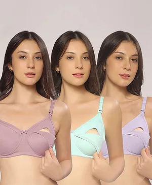 MomToBe Cotton Knit Pack Of 3 Solid
                              Maternity Bras With Nursing Access -
                              Lavender Aqua Blue & Purple
