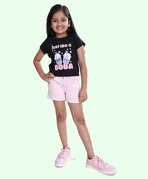Kiddopanti Cotton Knit Half Sleeves Just Like A Boba Text Printed Top & Shorts Set - Black & Pink