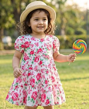 Babyhug Cotton Knit Half Sleeves Frock With Floral Print & Bow Applique - White