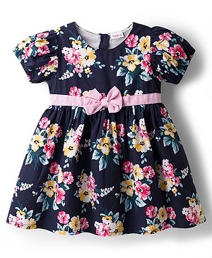 Babyhug Cotton Woven Half Sleeves Floral Printed Frock - With Bow Applique - Navy Blue
