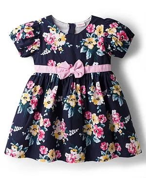 Babyhug Cotton Woven Half Sleeves
                                  Floral Printed Frock - With Bow
                                  Applique - Navy Blue