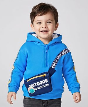 Babyhug Fleece Knit Full Sleeves Hooded Sweatshirt With Sling Bag Applique - Blue