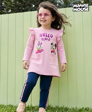 Babyhug Disney Single Jersey Knit Full Sleeves T-Shirt and Leggings with Minnie and Friends Graphics - Pink & Navy Blue