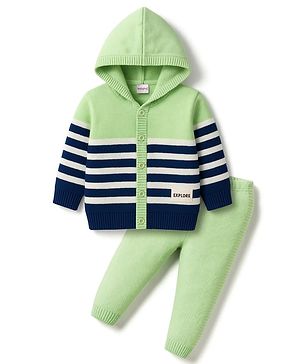 Babyhug Knitted Full Sleeves Striped Hooded Sweater Set - Blue & Green