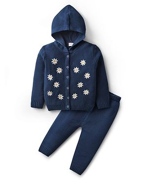 Babyhug Knit Full Sleeves Front Open Hooded Sweater Set With Floral Embroidery - Navy Blue