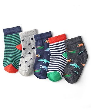 Cute Walk by Babyhug Knit Ankle Length Anti-Bacterial Sock with Stripe & Animal Design Pack of 5 - Multicolor