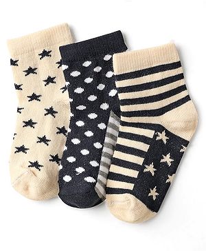 Cute Walk by Babyhug Knit Ankle Length Anti-Bacterial Socks with Polka Dot Stripe & Star Design Pack of 3 - Beige & Black