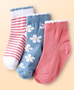 Cute Walk by Babyhug Knit Anti Bacterial Ankle Length Socks With Stripes & Floral Design Pack of 3 - Multicolor