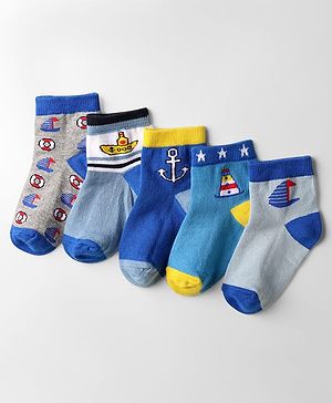 Cute Walk by Babyhug Anti Bacterial Ankle Length Socks With Nautical Theme Design Pack of 5 - Blue