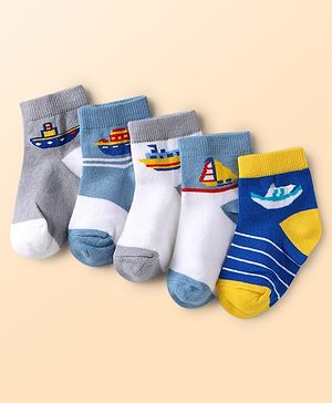 Cute Walk by Babyhug Knit Ankle Length Anti Bacterial Socks With Nautical Theme Design Pack Of 5 - Multicolour