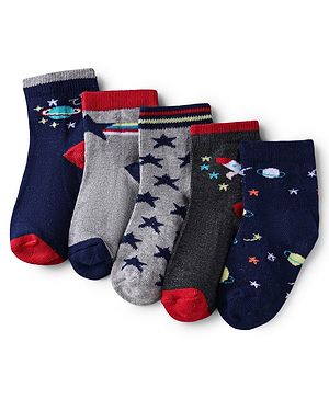 Cute Walk by Babyhug Knit Ankle Length Antibacterial Socks With Star Design Pack Of 5 - Multicolour