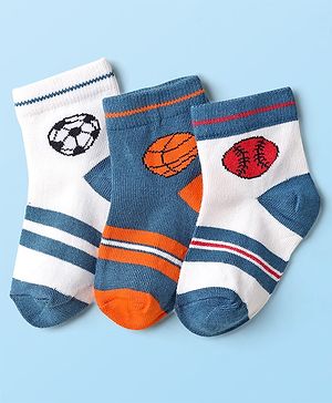 Cute Walk by Babyhug Knit Ankle Length Anti-Bacterial Socks with Basketball Design Pack of 3 - White Blue & Orange