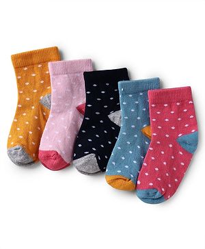 Cute Walk by Babyhug Knit Ankle Length Antibacterial Socks With Polka Dots Design Pack Of 5 - Multicolour