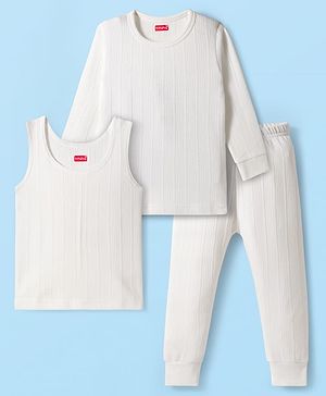 Babyhug Knit Full Sleeves Solid Colour Thermal Inner Wear Set With Vest - Off White