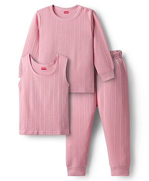 Babyhug Knit Full Sleeves Solid Color Pullover & Sleeveless Thermal Vest & Pant Set - Pink
