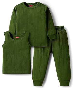 Babyhug Knit Full Sleeves Solid Color Pullover Thermal Inner Wear Set - Olive Green