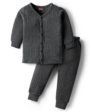Babyhug Knit Full Sleeves Solid Front Open Thermal Set - Charcoal Grey