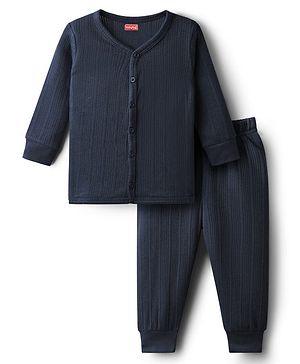 Babyhug Knit Full Sleeves Solid Color Front Open Thermal Vest & Pant Set - Navy Blue