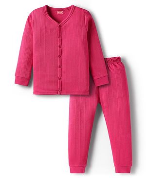 Babyhug Cotton Knit Full Sleeves Solid Coloured Front Open Thermal Inner Wear Set - Dark Pink