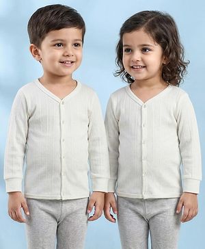 Babyhug Knit Full Sleeves Solid Color Thermal Inner Wear Front Open Vest - Off White