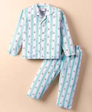 Ollypop Sinker Knit Full Sleeves Co-ords Night Suit with Anchor Print & Stripes - Aqua Blue & White