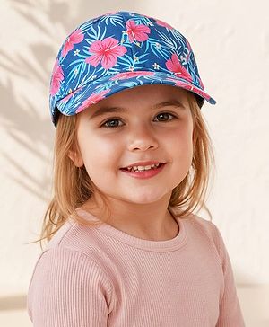 Babyhug Cotton Woven Cap With Floral Print Navy Blue - Diameter 15 cm