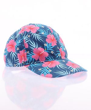 Babyhug 100% Cotton Woven Cap With Floral Print Navy Blue - Diameter 17 cm