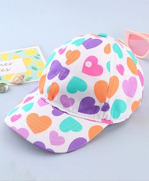 Babyhug Cotton Woven Cap With Heart Print White - Diameter 17 cm