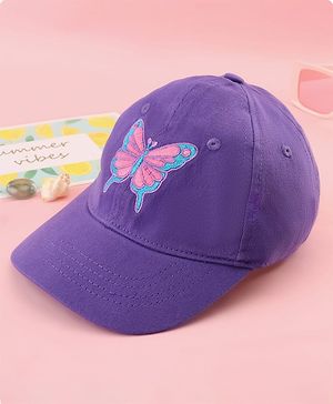 Babyhug Cotton Woven Cap With Butterfly Print Purple - Diameter 16