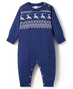 Babyhug Sweater Knit Full Sleeves Winter Wear Romper with Polka Dot & Fair Isle Design - Navy Blue