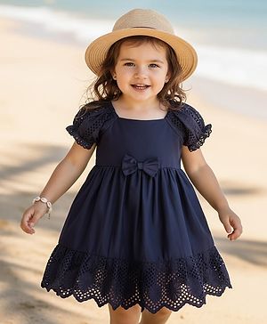 Babyhug Cotton Knit Half Sleeves Solid Coloured Frock With Lace Detailing & Bow Applique - Navy Blue