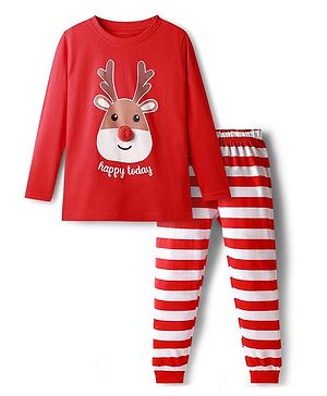 Babyhug Cotton Knit Full Sleeves Night Suit with Reindeer & Stripe Print - Red & White
