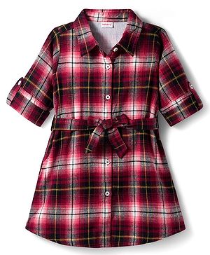 Babyhug Cotton Knit Full Sleeves Shirt Dress With Checks & Belt - Maroon