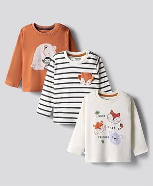 Bonfino 100% Cotton Full Sleeve T-Shirts With Bear & Fox & Stripes Print Pack Of 3 - White & Brown