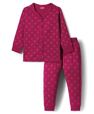 Babyhug Knit Full Sleeves Thermal Inner Wear Set With Heart Print - Fuchsia