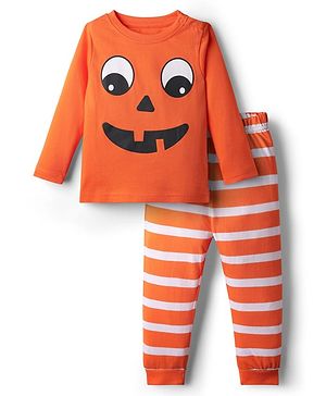 Babyhug Cotton Knit Full Sleeves Night Suit With Stripes - Orange