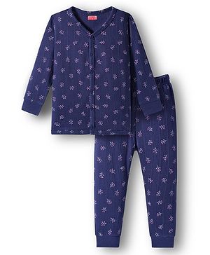 Babyhug Knit Full Sleeves Winter Thermal Inner Wear With Floral Print - Navy Blue