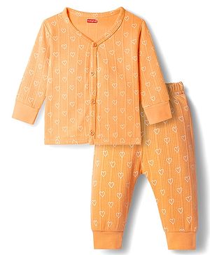Babyhug Knit Full Sleeves Thermal Inner Wear Set With Heart Print - Orange