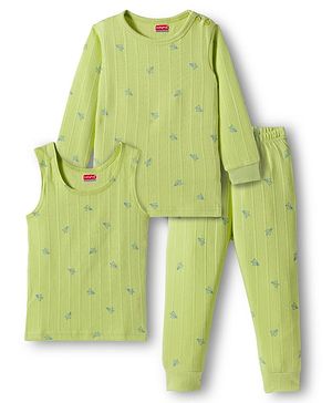 Babyhug Knit Full Sleeves Pullover & Sleeveless Thermal Vest & Pant Set with Origami Plane Print - Green