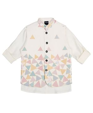 Charchit Cotton Blend Woven Triangles Embroidered Nehru Jacket & Full Sleeves Shirt - Cream