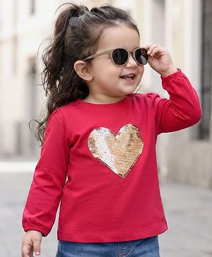 Babyhug 100 % Cotton Knit Full Sleeves Top with Sequined Heart - Red